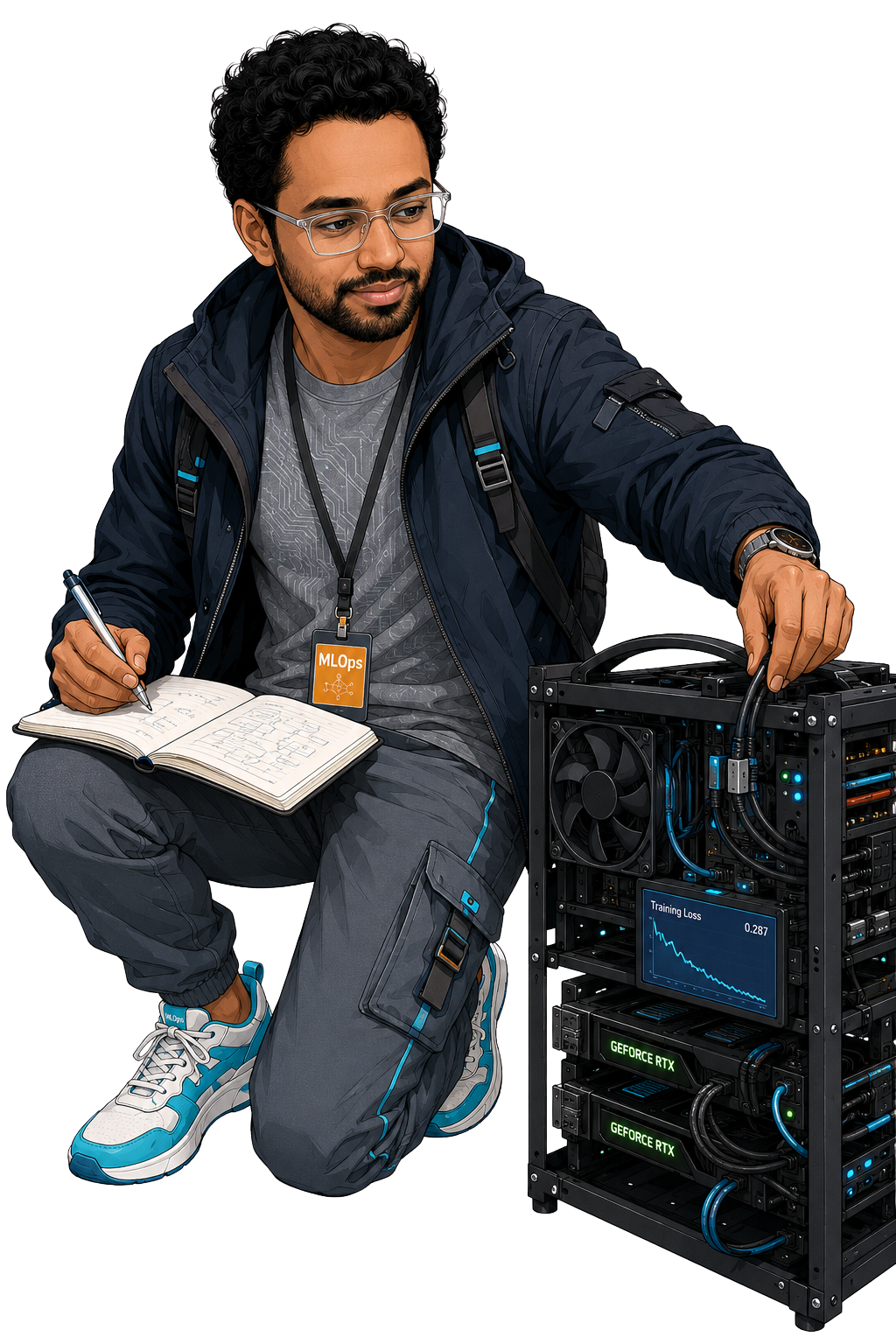 Illustration of Sai Chandu working beside a GPU server rack with a training-loss monitor