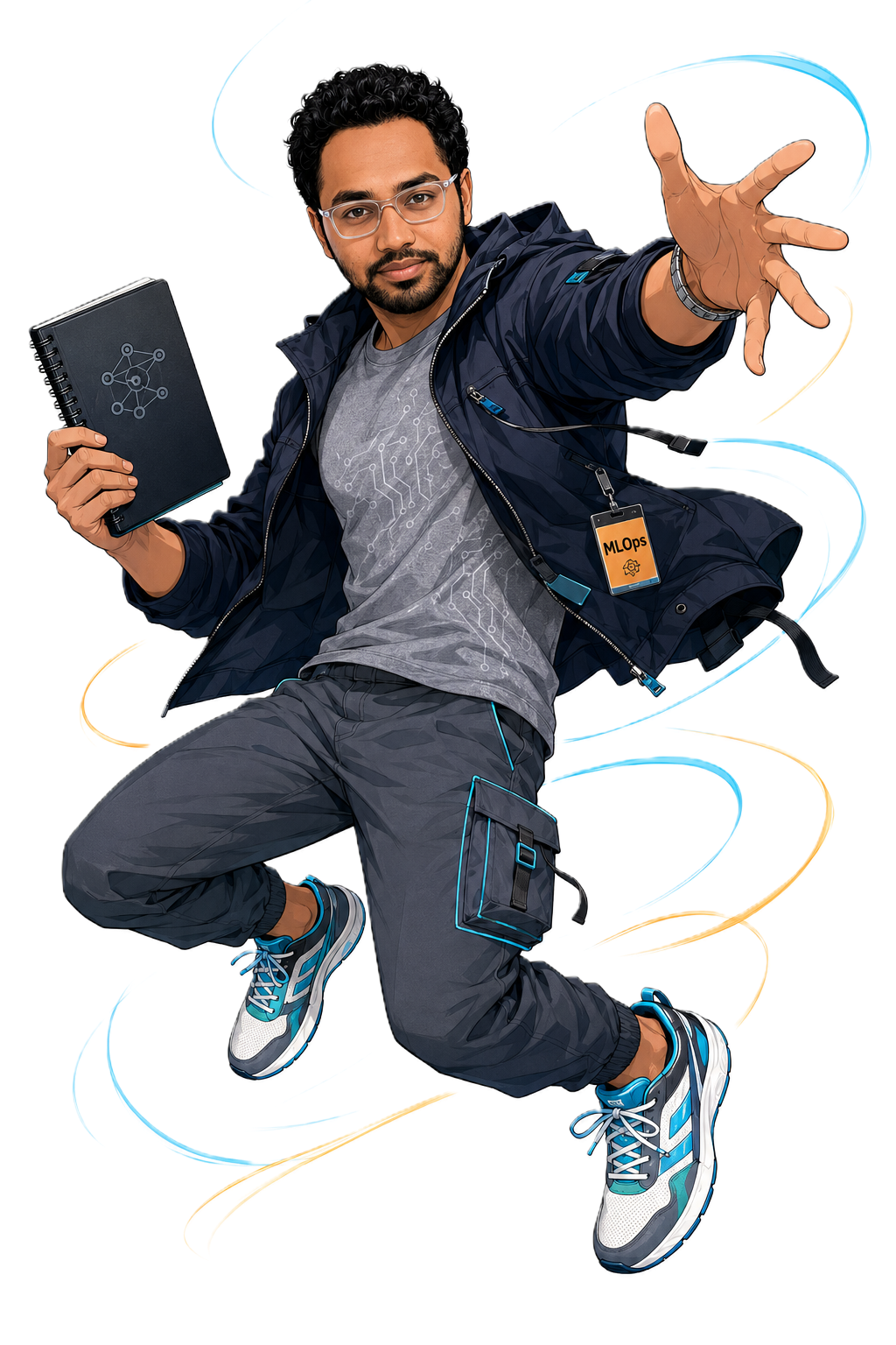 Illustration of Sai Chandu jumping forward holding a notebook with a circuit diagram