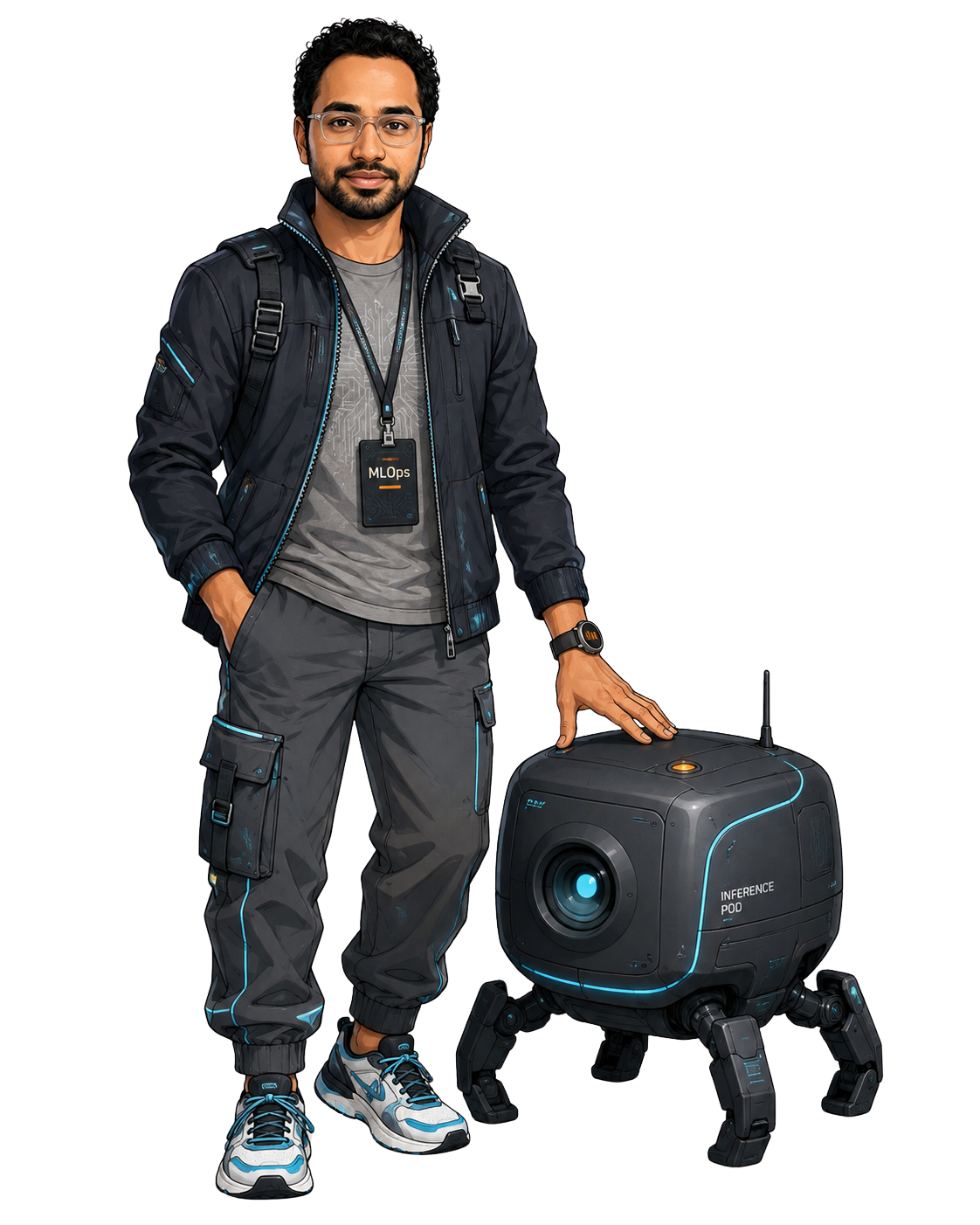 Illustration of Sai Chandu standing beside a small four-legged inference pod robot