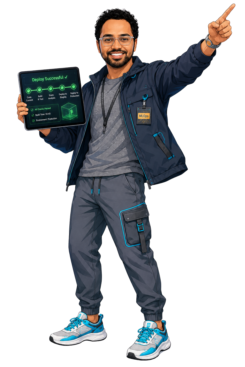 Illustration of Sai Chandu pointing upward while holding a tablet showing a successful CI/CD deploy